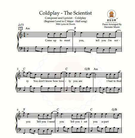 【4月限定免費。April Free】Coldplay - The Scientist(Beginner Level in C Major - Half song)_With Lyrics & Chords