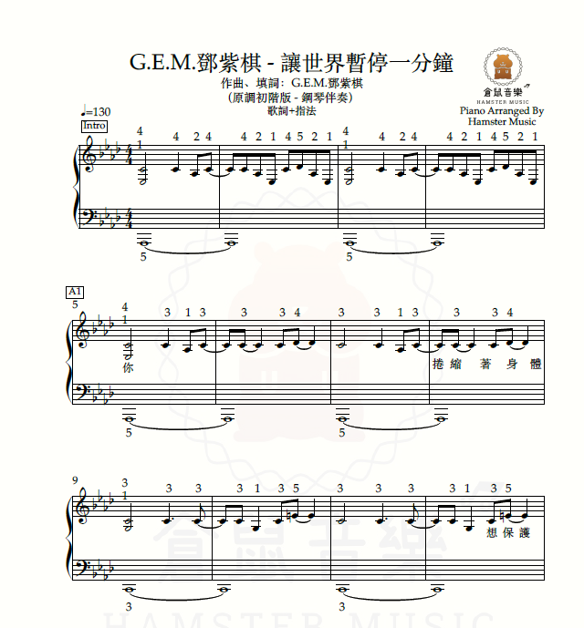 G.E.M.鄧紫棋 - 讓世界暫停一分鐘(原調初階版 - 鋼琴伴奏)_歌詞、指法
